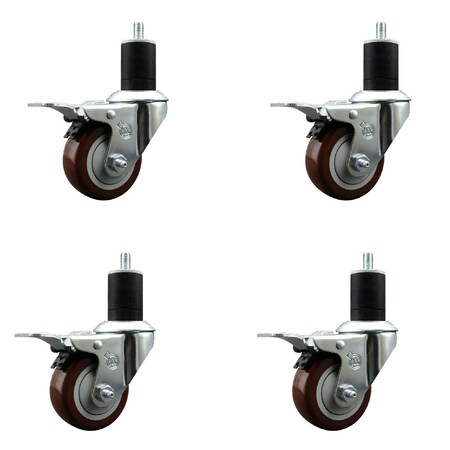 Service Caster 3'' Maroon Poly Swivel 1-3/4'' Expanding Stem Caster Set Total Lock Brake, 4PK SCC-EXTTL20S314-PPUB-MRN-134-4